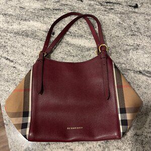 Burberry Burgundy Leather and House Check Canvas Small Canterbury Tote Bag